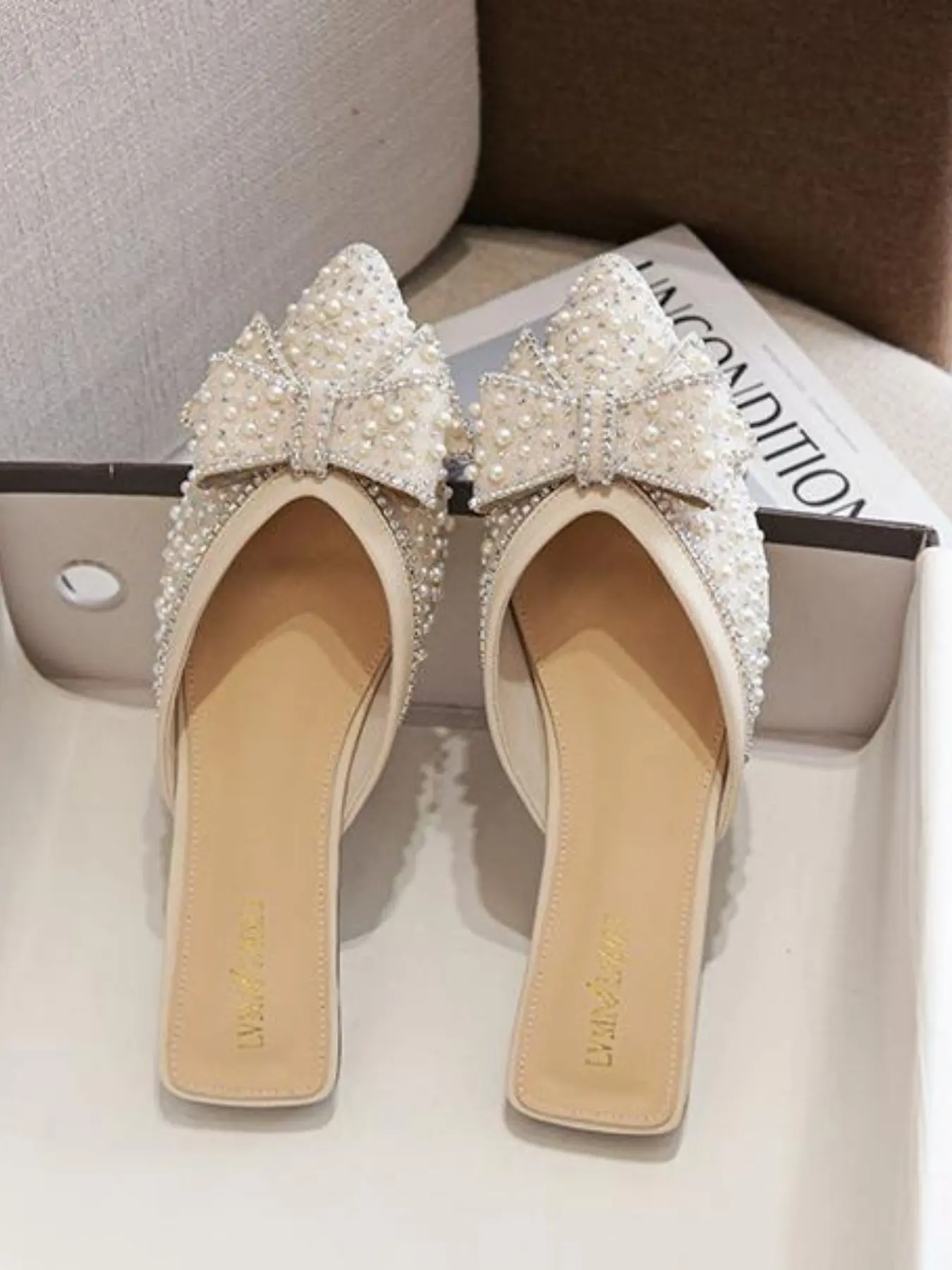 Women's Rhinestone Bow Flat Mule Shoes, Bow Mules, Pointed Backless Design, Slip-On Style, Soft Comfortable Sole, Perfect for Daily Wear, Footwear