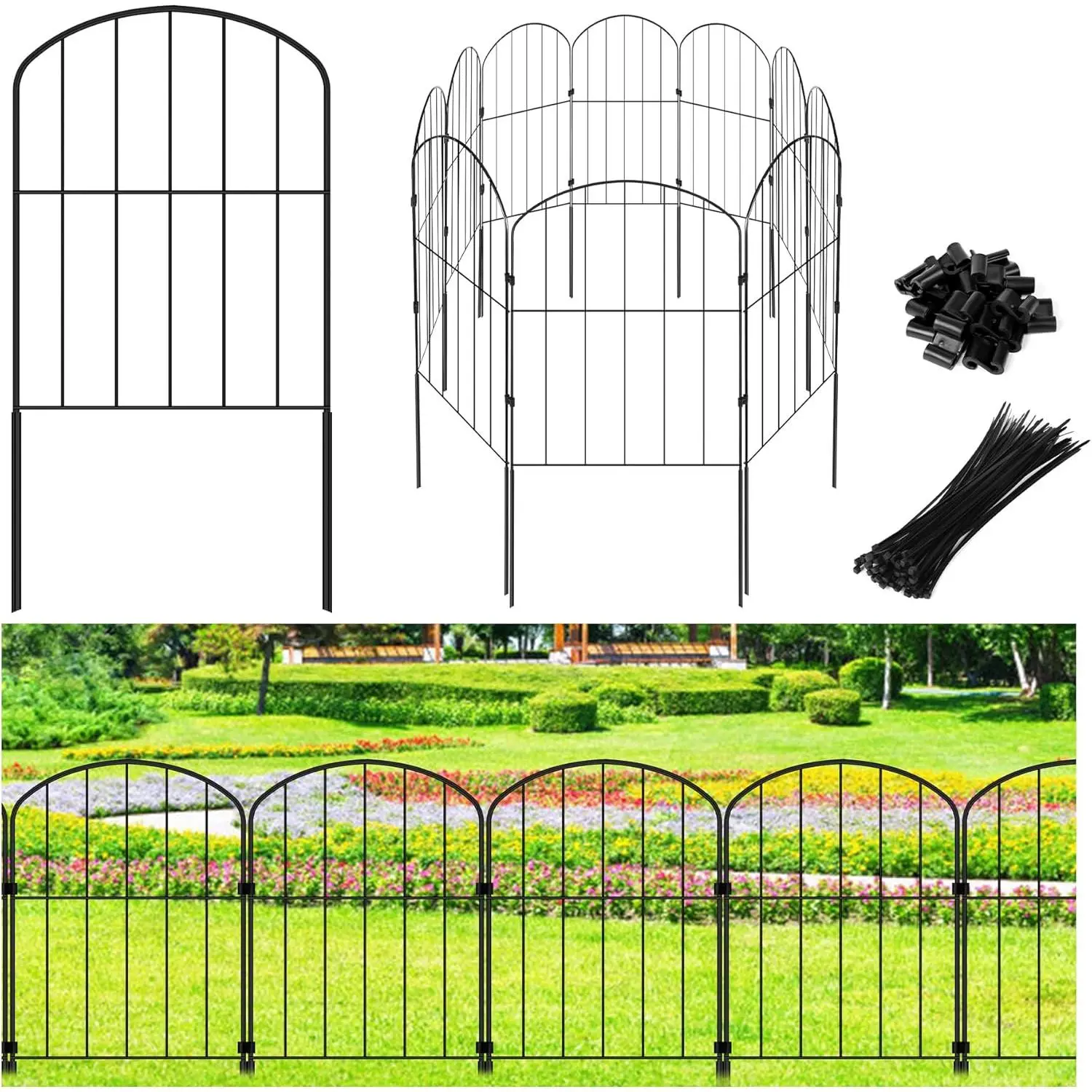 Decorative Garden Fence 24in (H) x 10.5ft (L), 10 Panels No Dig Garden Fencing  Barrier for Dogs Rabbits Arched Flower Bed Edging, Metal Wire Border Panel for Outdoor Patio Yard Decor