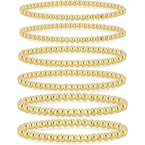Gold Bracelets for Women Waterproof, 14K Gold Plated Beaded Strand Bead Ball Bracelets stack Adjustable Jewelry Set for Gifts