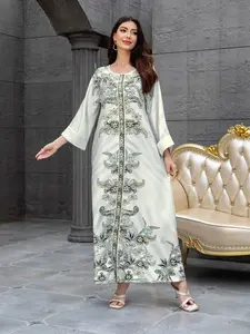 Elegant Muslim Women's Kaftan Dress, High-Density Rhinestone Embellished Print Long Robe, Cross-Border Fashionable Evening Gown