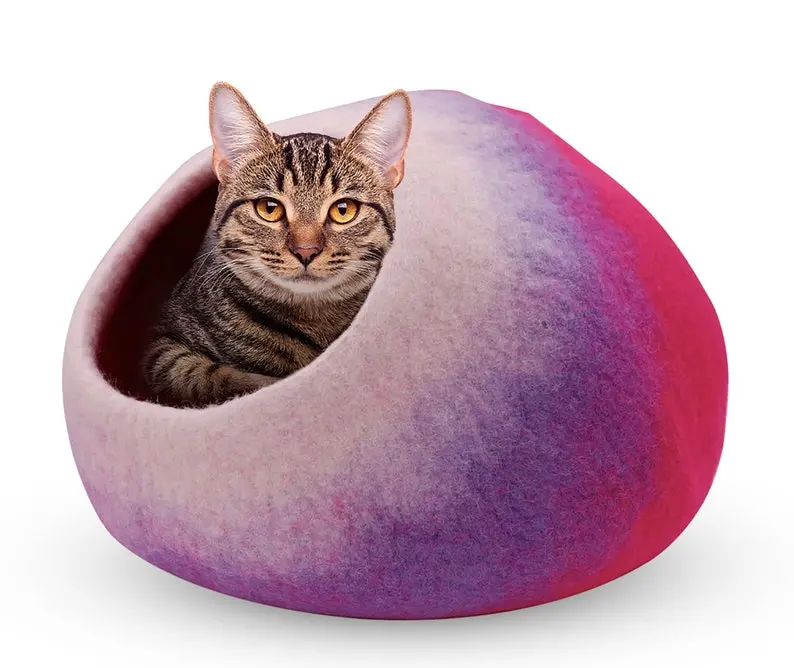 Tie Dye Wool Cat Cave – Hand Felted Cat Bed, Warm Cat House