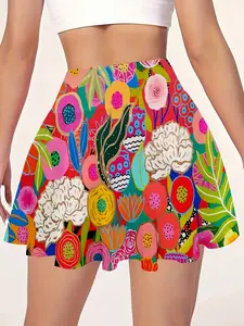 Summer Women's Lightweight Sporty Tennis Skirt and Shorts Set with Pockets, Colorful Floral Print, Ideal for Running Yoga Fitness