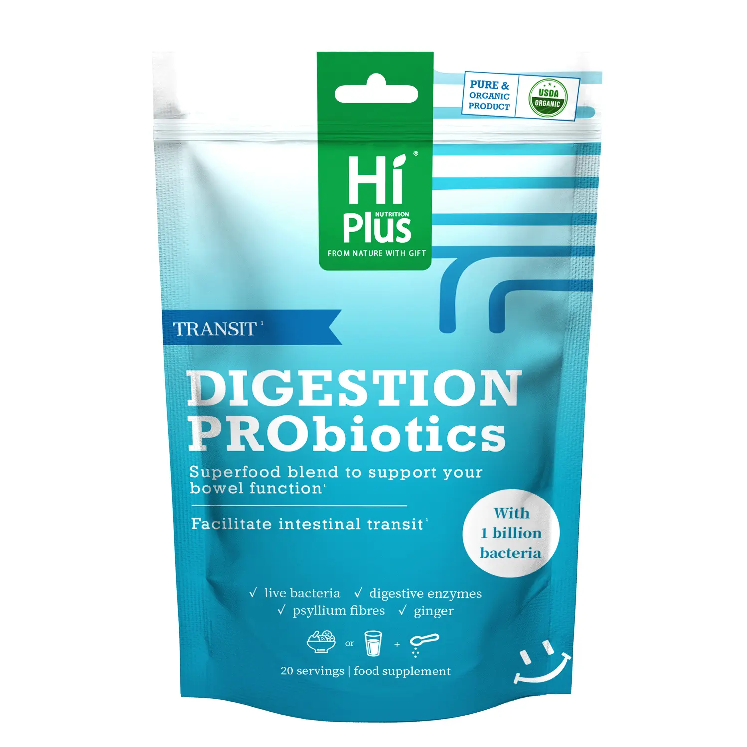 HiPlus Certified Organic Digestive Healthcare Powder Supplement - 9 Bacterial Strains, 10 Plant Digestive Enzymes, Dietary Fiber, Non-GMO, Vegan, Sugar-Free, Dairy-Free, 24-Month Shelf Life, Gut Health Support