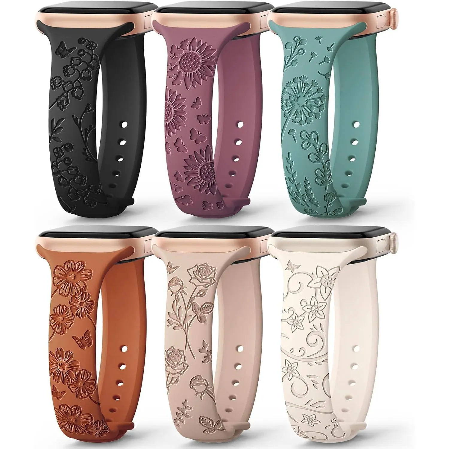 6 Pack Slim Floral Engraved Bands Compatible with Apple Watch Band 40mm 41mm 42mm 38mm 44mm 45mm 46mm 49mm for Women,Cute Silicone Sport Strap for iWatch Series 10 Ultra 9 8 7 6 5 4 3 2 1 SE