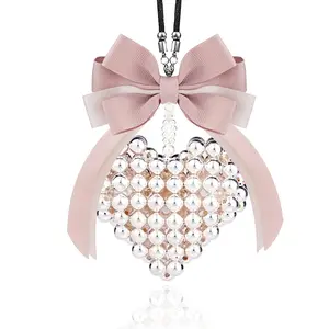Pearl Heart Car Charm, High-End Rhinestone Bow Car Decoration, Rearview Mirror Pendant, Sweet Style Interior Decor
