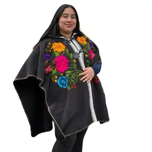 Women's Mexican Poncho Embroidered Floral Cape with Hood