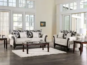 SM7756 2 pc Cassani light gray chenille fabric walnut wood trim traditional sofa and love seat set