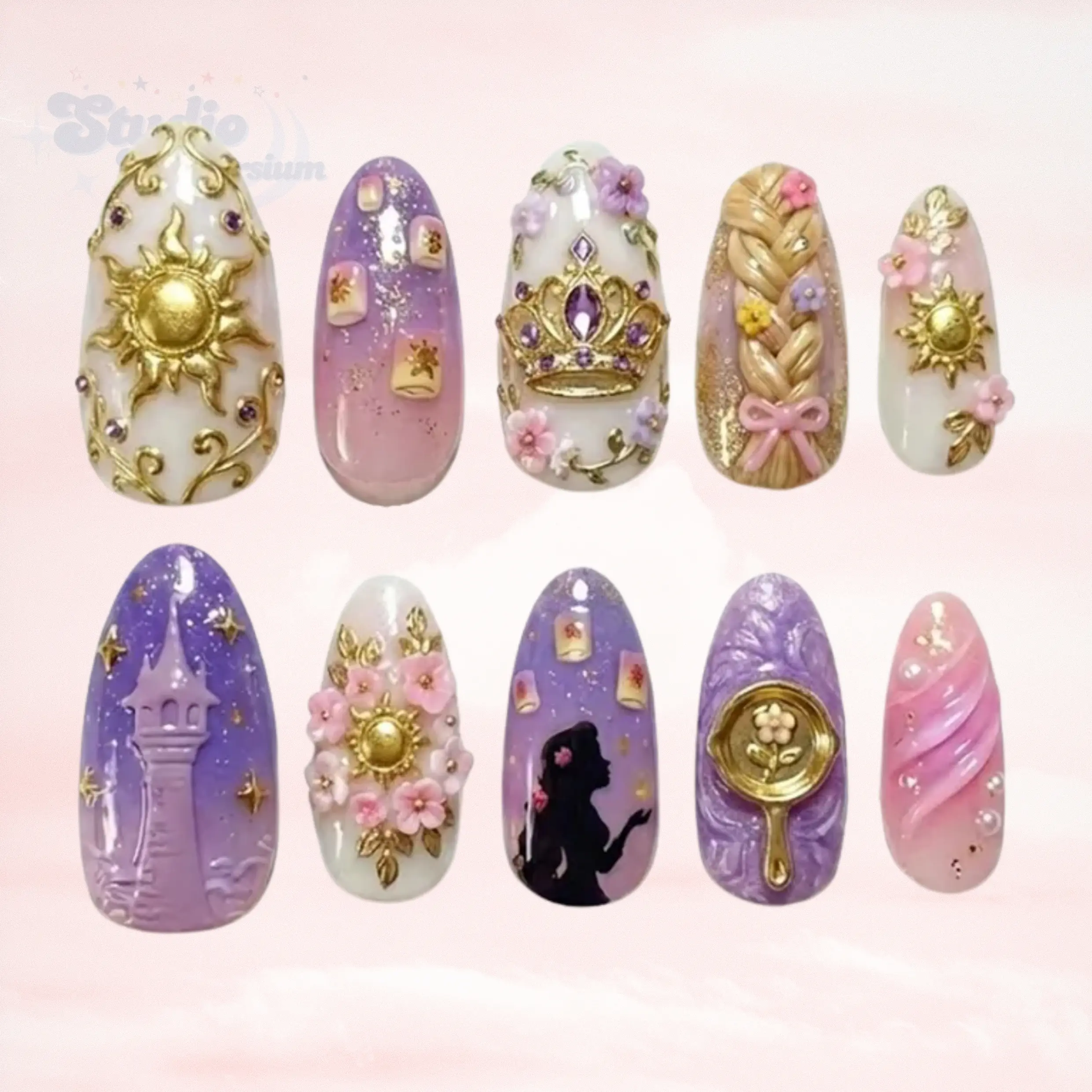 Handmade Lost Princess Magic Hair Inspired Press On Nails | 3D Golden Sun & Floating Lanterns | Purple Tower Frying Pan Fairytale Nail Set