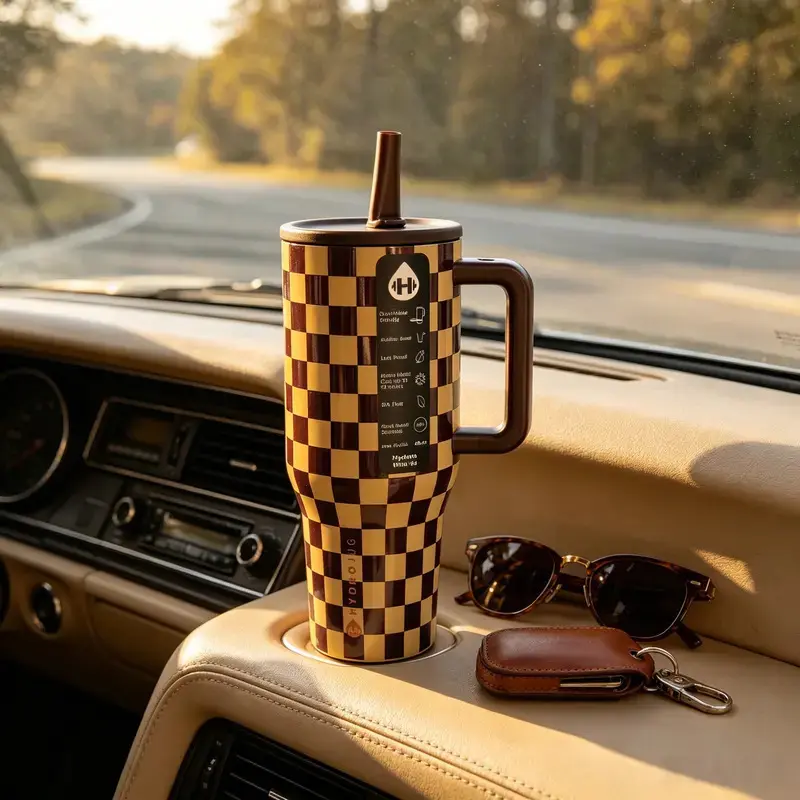 HydroJug 40oz Insulated Tumbler with Handle and Straw, Retro Brown Beige Checkerboard Stainless Steel Water Bottle, Leakproof Travel Cup for Car, Gym and Daily Use