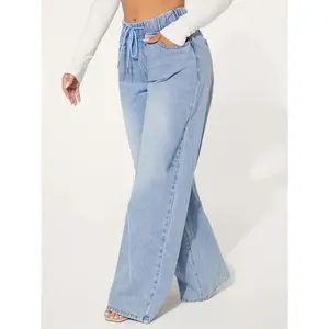 NewWomen's Jeans Chic Womens Blue Drawstring Jeans - Comfort Elastic Waist, Relaxed Baggy Style, Distressed Washed Wide Legs - Premium Denim Clothing