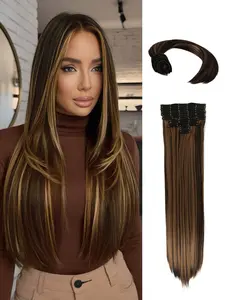 20-Inch Seamless Clip-in Hair Extensions — Long, Straight, Brown, Black, & Pink Invisible Wire Hairpiece Set | Natural-Look, Voluminous Synthetic Hairpieces for Women | Full-Head Clip-in Wig Set (8 Pieces, 18 Strands) — Ideal for Music Festivals