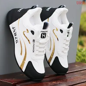 UOSO Height-Enhancing Black & White PU Upper Fashion Running Shoes - Non-Slip, Low-Top Lace-Up Casual Sneakers for All Seasons with Golden Accents