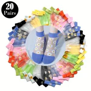 Women's 20 Pairs Mixed Pack Daisy Pattern Crystal Silk Ankle Socks - Cute, Breathable Sheer Short Socks - Silk-Made, Ideal for Spring & Summer, Perfect Gift for Her