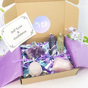 Self Love and Confidence | Crystal Journey Box Gifts | Crystals for love, healing, confidence | Amethyst, Rose Quartz, Citrine | Crystal Carvings