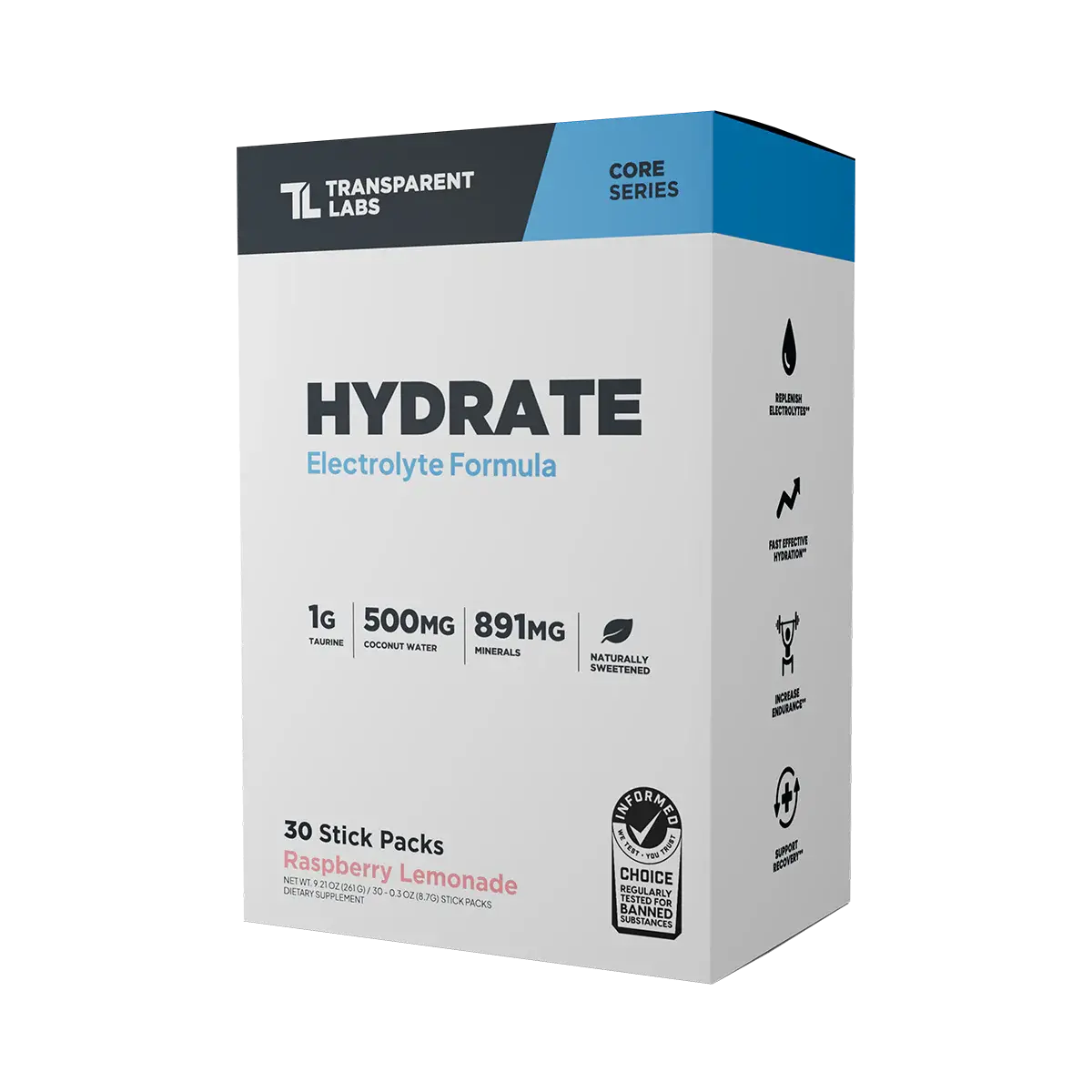 Transparent Labs Sugar-Free Electrolyte Powder - Third-Party Tested, Non-GMO, Gluten-Free Hydration Packets with Coconut Water, Taurine, SenActiv, Calcium, Minerals for Fitness Recovery & Optimal Hydration