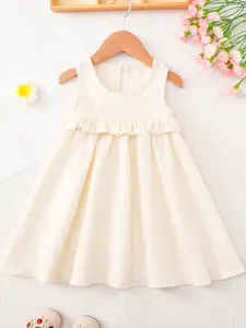 1pcs Girls' Solid Color Frilled Ruffle Trim Dress Summer Casual Fashion Kids Daily Wear Comfortable Fit Design