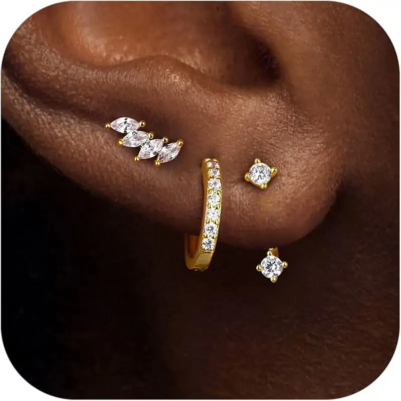 Gold : 2 Pairs CZ Studs + 1 Pair CZ Hoop