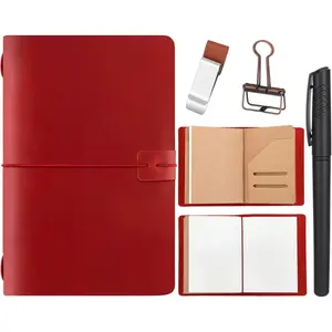 Travelers Refillable Leather Journal Notebook Travel Diary  Passport Travelers Journal for Men and Women with 3 Notebook Inserts, Pen Holder, Binder Clip( Red,A5 Size)