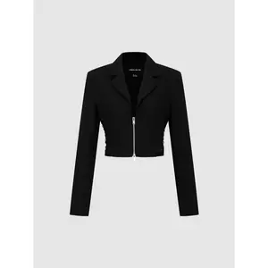URBAN REVIVO 2026 Summer Lady's Basic Longsleeves Fitted Cut Cropped Jacket - Thin Polyester Blend Viscose Mesh Fabric Lapel Outerwear (UWG160039)