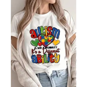 [100% Cotton] Women'S Autism Awareness T-Shirt "Autism Is Not A Disability, It'S A Different Ability" Colorful Puzzle Heart Print Crew Neck Casual Short Sleeve Tee, Machine Washable Summer Top For Women, Comfortable Pul Golf Gift T-Shirt For Men And Women