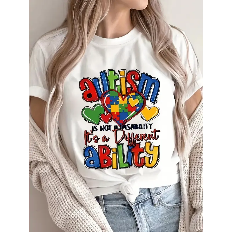 [100% Cotton] Women'S Autism Awareness T-Shirt "Autism Is Not A Disability, It'S A Different Ability" Colorful Puzzle Heart Print Crew Neck Casual Short Sleeve Tee, Machine Washable Summer Top For Women, Comfortable Pul Golf Gift T-Shirt For Men And Women