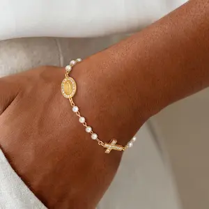 Dearmay Bead Cross Bracelet Necklace-  Virgin Mary Bracelets,Non Tarnish Golden Religious Virgen de Guadalupe Jewelry,Confirmation Baptism Gifts for Women Easter Gift Greenish Spring