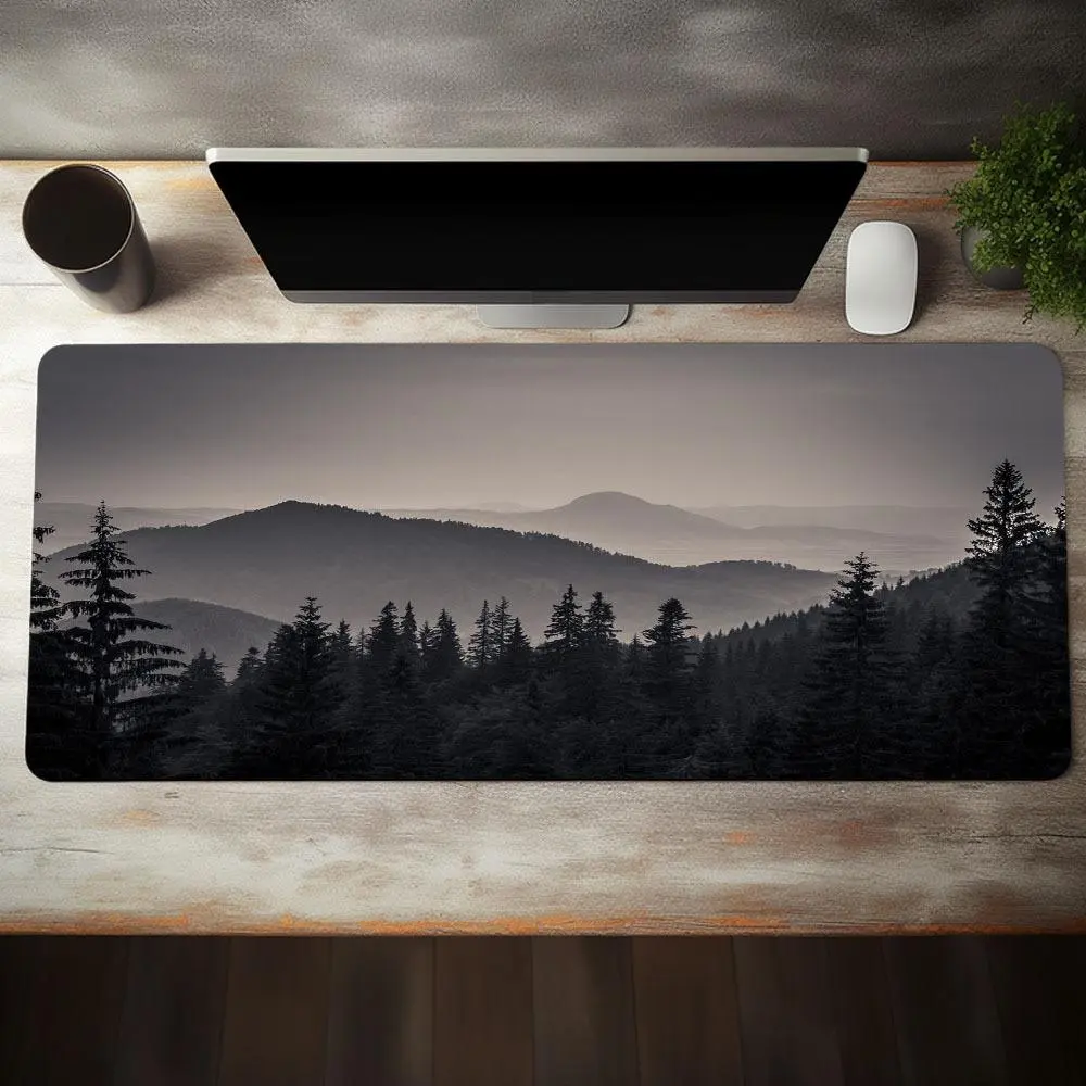 Distant Mountain Landscape Pattern Mouse Pad, Rectangle Gaming Mouse Pad, Office Desk Keyboard Mat with Non-Slip Rubber Base Stitched Edge, Office Desk Accessories For Home Office Game, Computer Desk Accessories