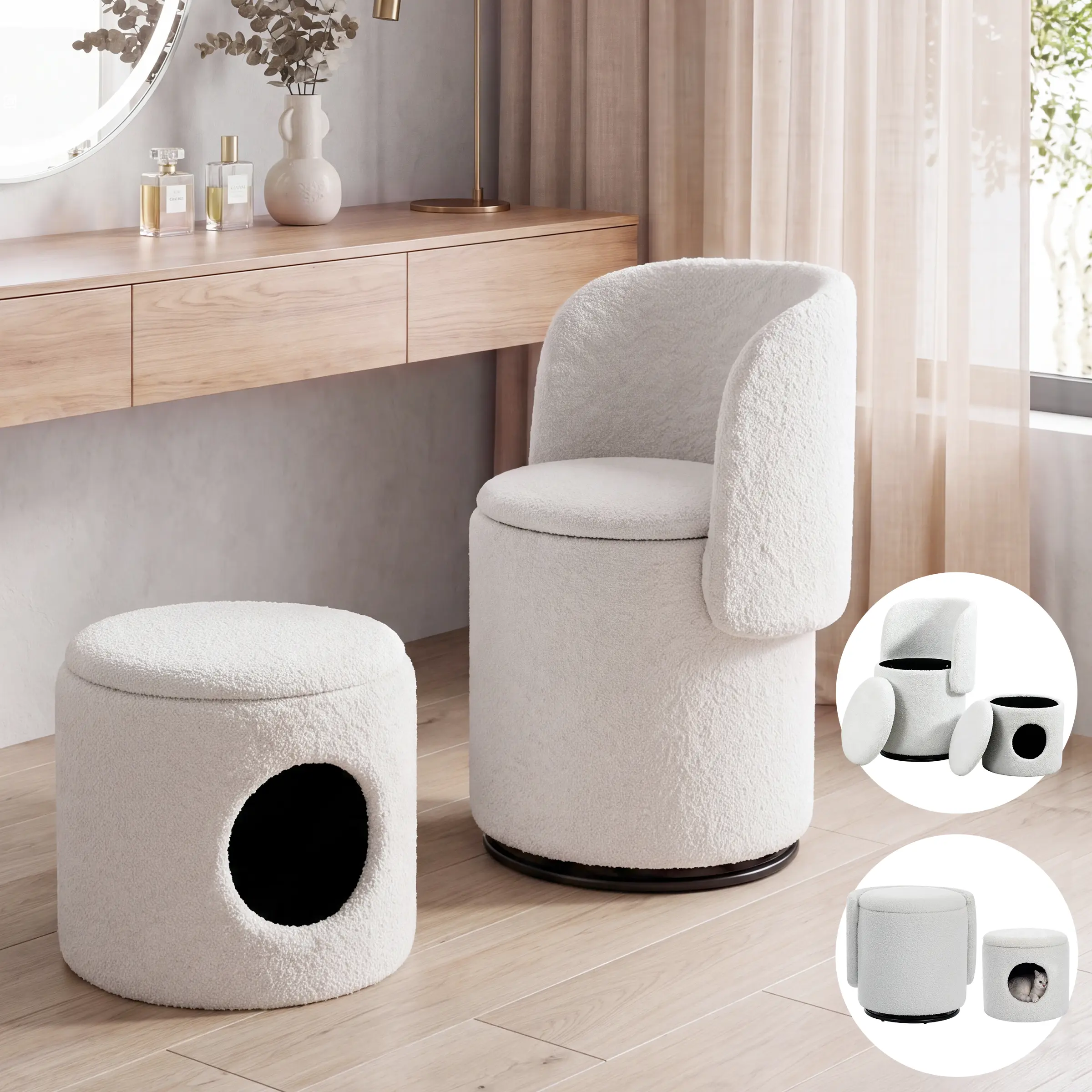 【New Arrival】CHAIRUS 360° Swivel Barrel Chair, Upholstered Multi-Functional Vanity Stool with Built-In Storage, Soft Padded Accent Seat, Free Stylish Cat Bed & Round Storage Ottoman for Living Room, Bedroom, Barrel Chair Swivel