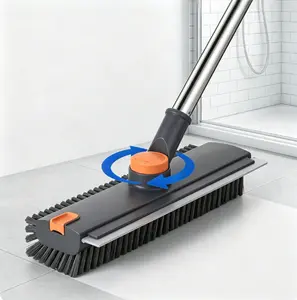 3-in-1 Cleaning Brush with Squeegee, 360° Rotating Bathroom Scrub Brush for Tile Floor, Shower, Grout, Wall, Multi-Purpose Hard Bristle Scrubber with Long Handle, All-in-One Cleaning Tool for Home
