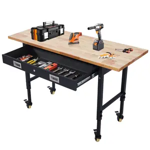 【GARVEE】60x22 Inch Workbench with Drawer Storage, Adjustable Height Worktable for Garage, Rubber Wood Top Heavy Duty Workbench with Power Outlet & 4 Lockable Wheels, 2000lbs Load Capacity for Workshop Home
