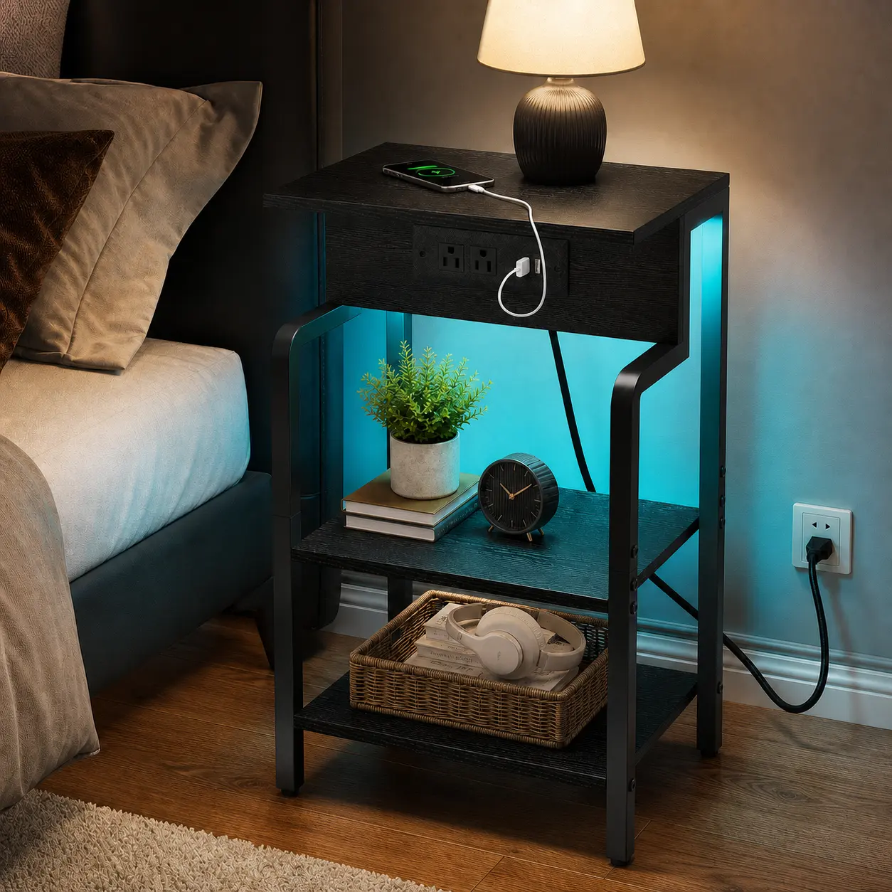 Side Tables with Charging Station and RGB LED Lights, 3-Tier sofa side table with 2 USB Ports and 2 AC Outlets, small bedside table with Storage Shelves for Bedroom or Living Room