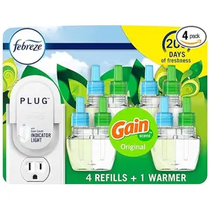 Plug in Air Fresheners,Original Scent, Odor Fighter for Strong Odors, 1 Warmer + 4 Oil Refills
