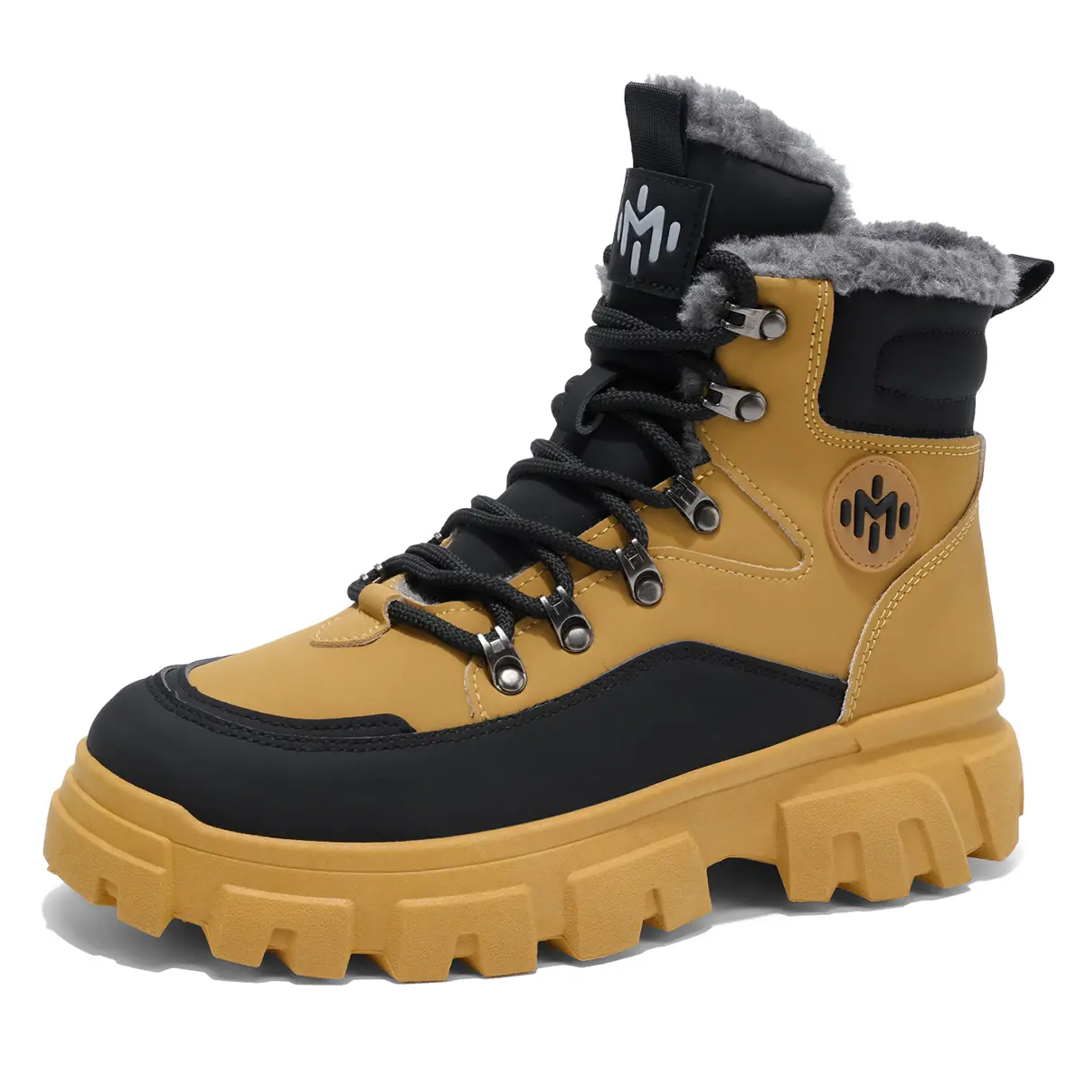 Classic Yellow Work Boots – Fur Lined Winter Platform Shoes, Chunky Lug Sole Tactical Ankle Boots, Warm Outdoor Streetwear Snow Footwear for Men