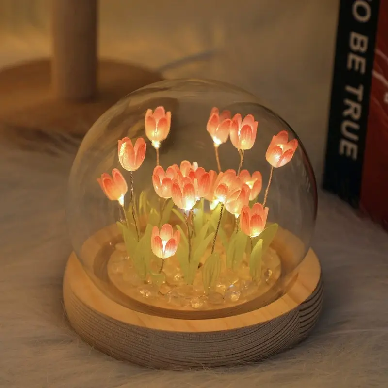 Handmade Tulip LED Night Light, Led Home Decor, Led Decoration, Decorative Night Light, 3 Color Options, 16 Artificial Tulips, Glass Cover with Base, Battery Powered, Perfect Gift for Women