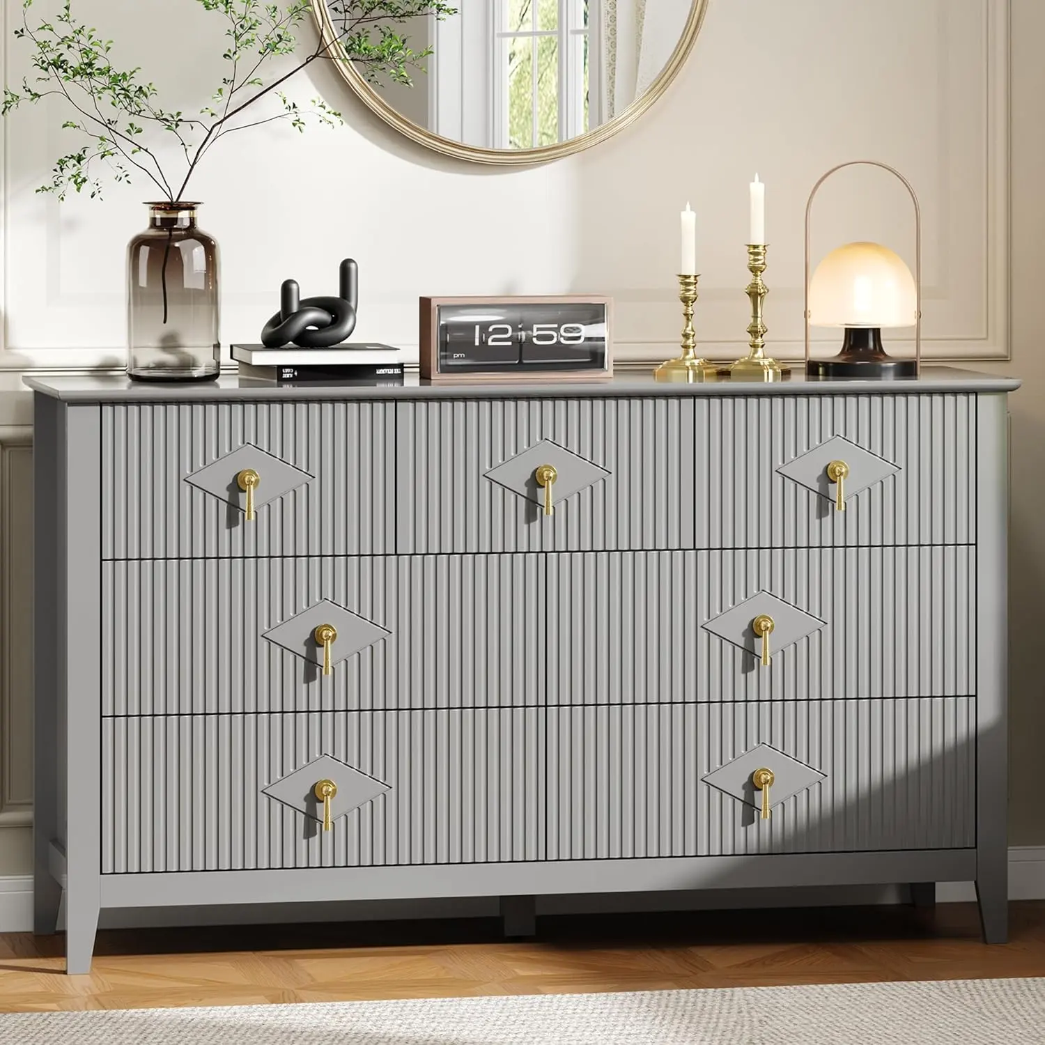 Gaomon 54-Inch Fluted Gray Transitional Wood TV Stand Dresser with 7 Drawers, Solid Construction, TV Cabinet Storage, Easy-Setup Organizer for Living Room