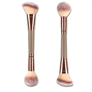 Double-Ended Foundation Makeup Brush, Angled/Round Top for Liquid, Powder & Cream Blending (Brown), champagne gold