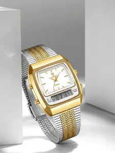 Men's Dual Display Quartz Watch, Classic Square Dial with Digital Sub-Dial, 30m Waterproof, Time Calendar Date, Alarm Stopwatch, Stainless Steel Strap