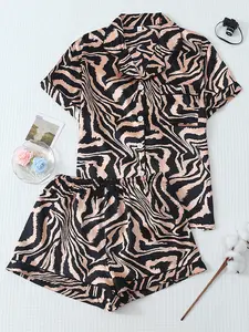 Women's Satin Zebra Print Pajama Sleepwear Set, Plaid Cherry Print, Sweet Lapel Short Sleeve Top with Pocket, Bow Shorts, Casual Loungewear Homeewear, Pjs