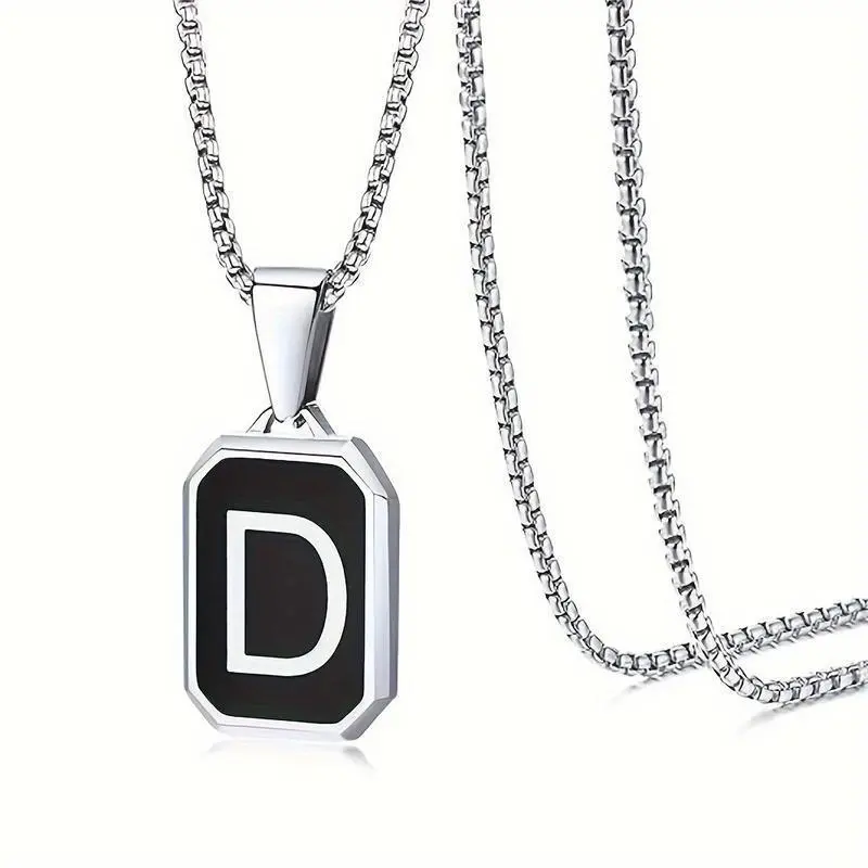 Unisex Initial Necklace A-Z, Square Capital Letter Charms in Black and Silver, Made of Stainless Steel, 24 Inch Chain, Ideal as a Gift or Jewelry Piece Unisex Initial Necklace A-Z, Square Capital Letter Charms in Black and Silver, Made of Stainless Steel, 24 Inch Chain, Ideal as a Gift or Jewelry Piece
