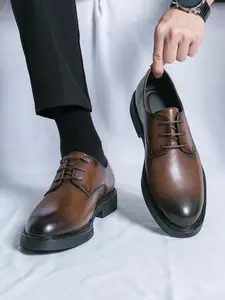 Men's Business Style Solid Color Lace Up Dress Shoes, Formal Occasion Brogue Decorated Shoes for Work Office, Fashion Shoes for Party, Daily Clothing Decor, Footwear
