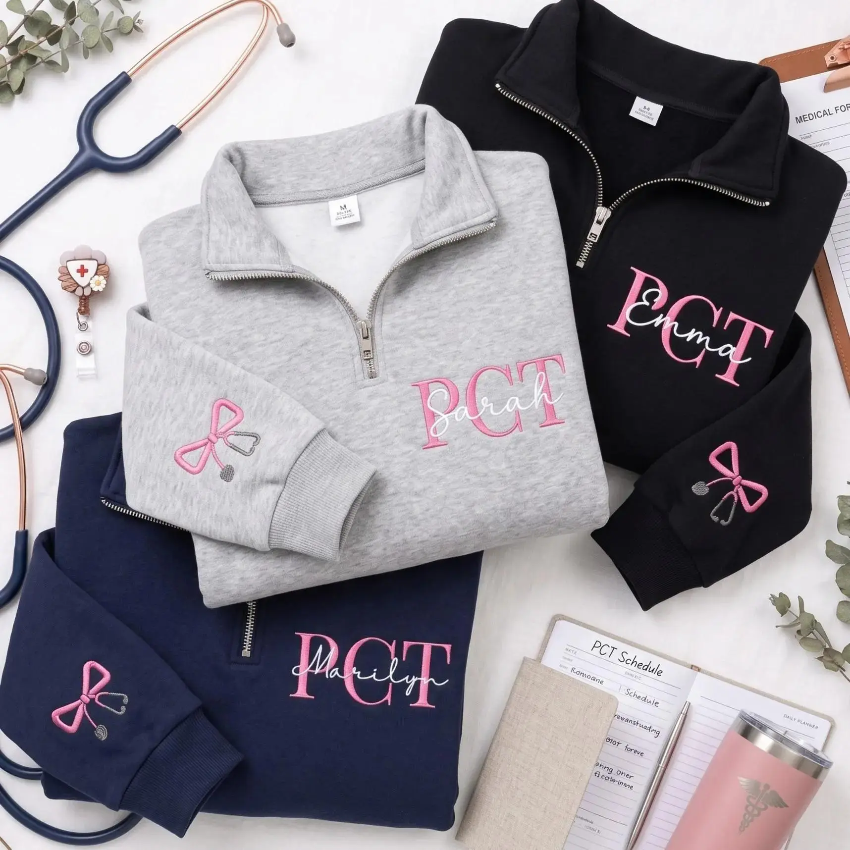 [MAKE IN US]Personalized PCT Quarter Zip Sweatshirt, Custom Embroidered Patient Care Technician Pullover, PCT Appreciation Gift, Employee Gift