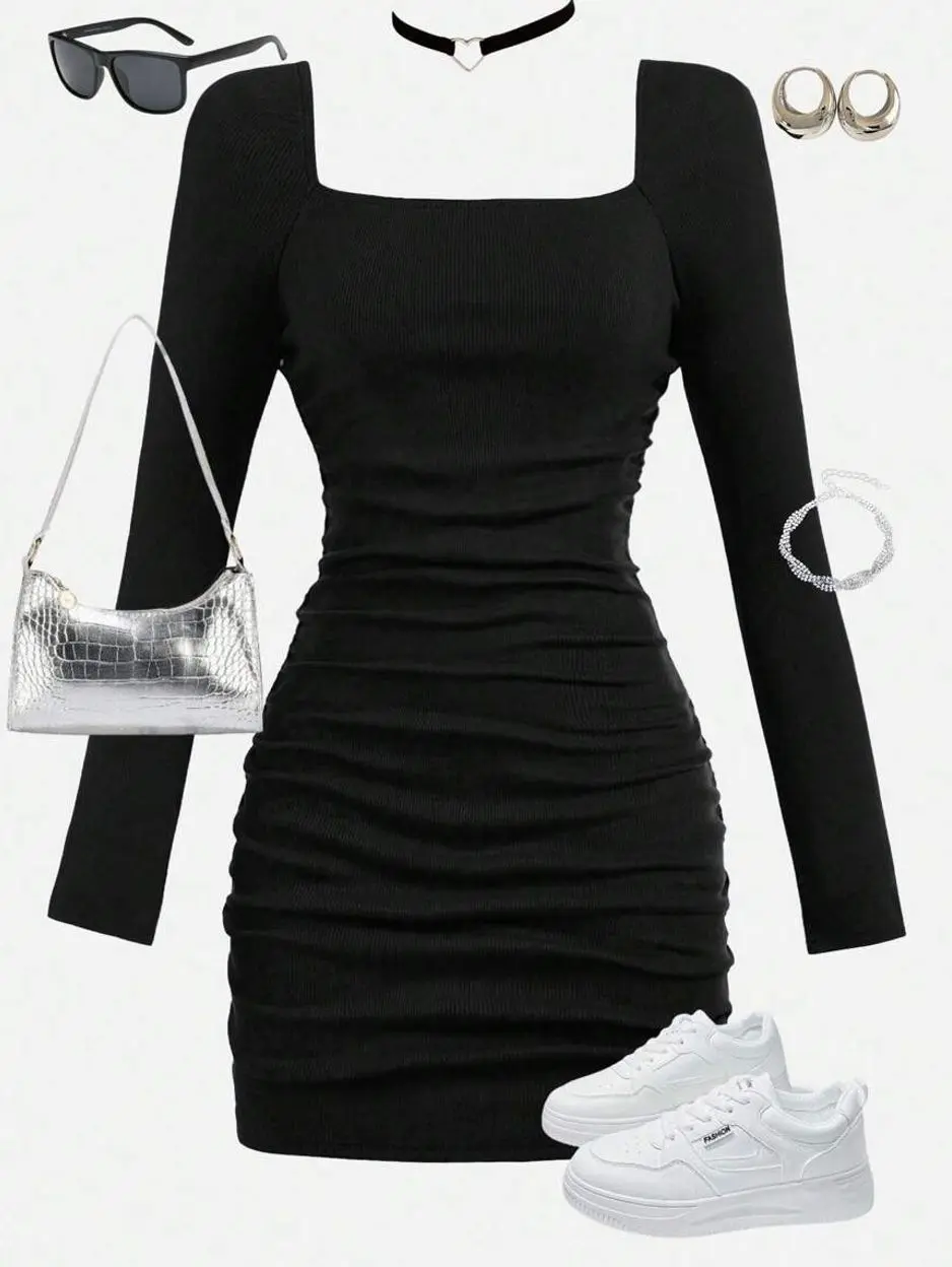 Girls Square Neck Long Sleeve Pleated Dress, Casual Waist-Cinched Party Outfit for Teens