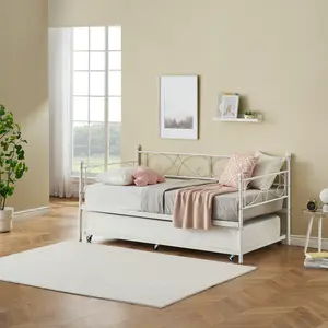 Home Daybed with Trundle Bed, Day Bed with Floral Headboard, Metal Sofa Bed Frame with Pull-Out Trundle, Heavy Duty Steel Slats Supports, for Living Room, Guest Room