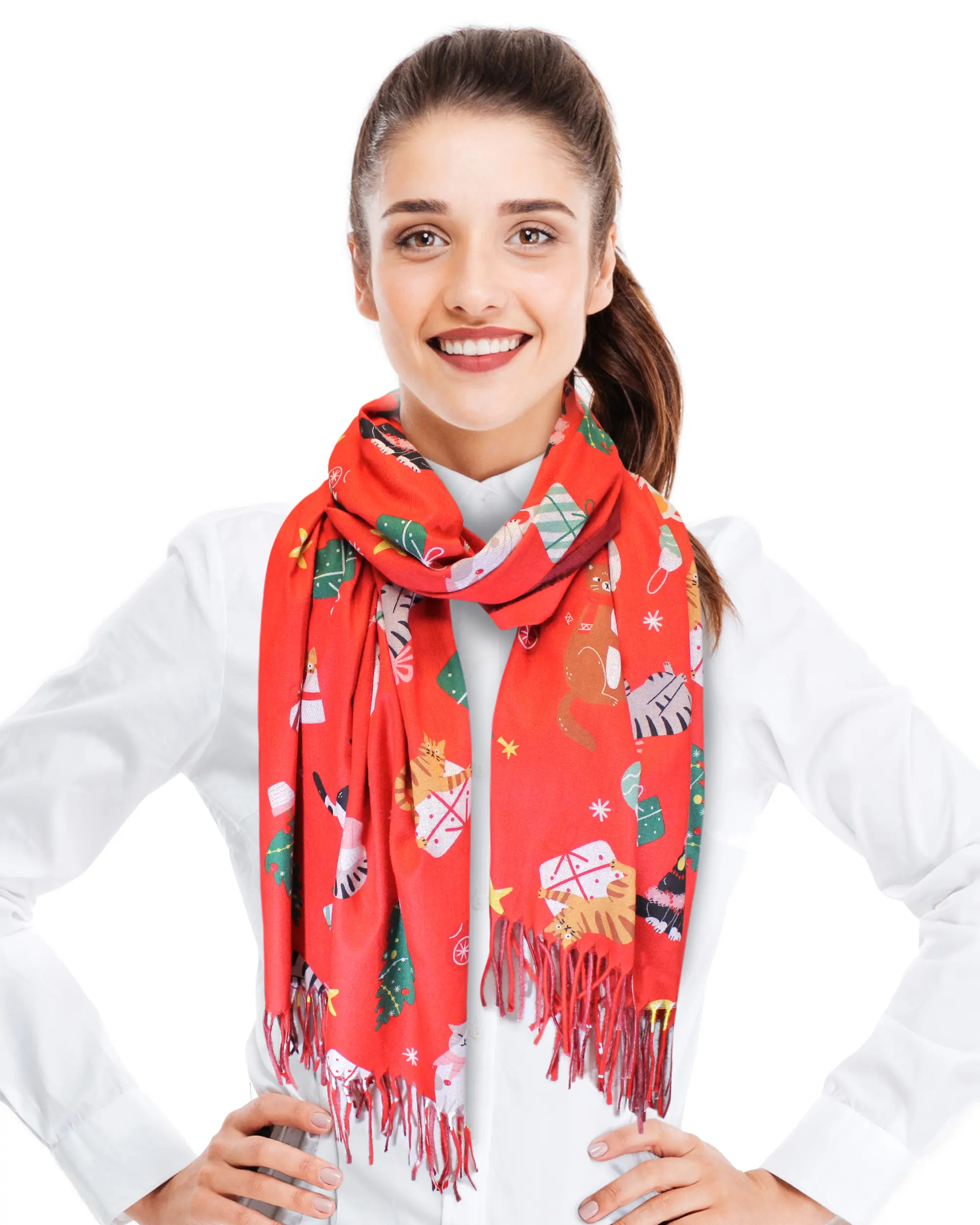 CBC Crown Women's Cat & Animals Print Scarf, Basic Festive Polyester Wrap with Soft Tasseled Details, Casual, Fashion, 28" X 78", Female, Christmas, Soft Polyester, 78 Inches, Hand Wash Only