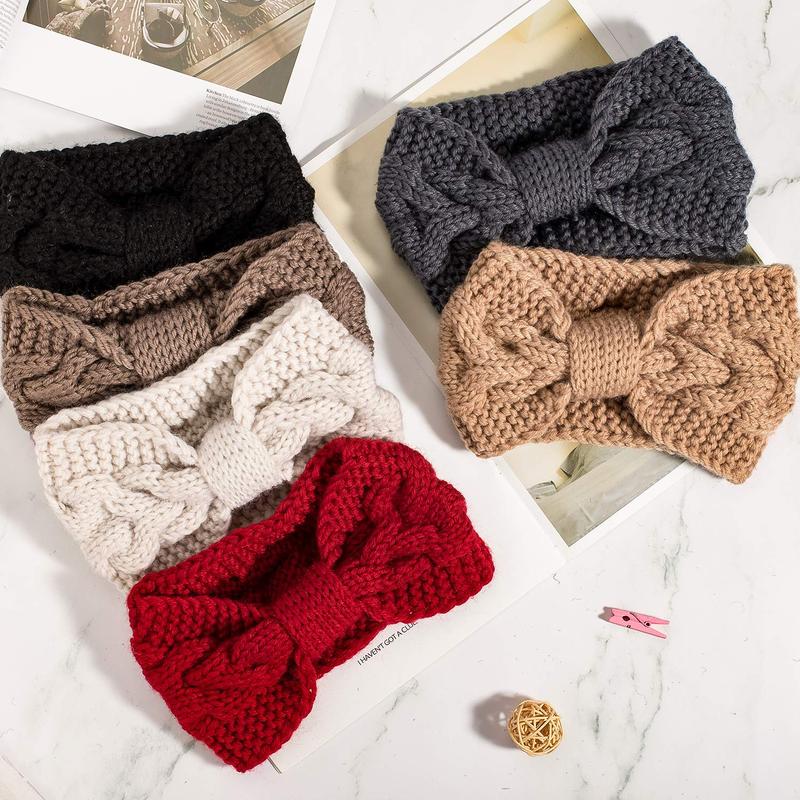 Stylish Knitted Hairband Non-Slip Headband Top Knotted Bow-Knot Headbands for Women Girls 6 Pcs Elastic Soft Hair Accessories in Black White Light Yellow Khaki Dark Grey Red
