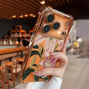 Pink Lily Pattern Electroplated Phone cases Case Compatible with iPhone 17 Air 16 15 14 13 12 11 Pro Max Plus xs max Featuring Strengthened Four Corners Soft Back for Drop Protection 2D printing