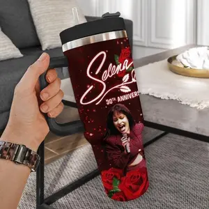Selena Quintanilla Latin Music Icon Tribute 40oz Handle Tumbler – Red Rose Memorial Design, Tejano Singer Inspired Stainless Steel Travel Cup, Fan Gift