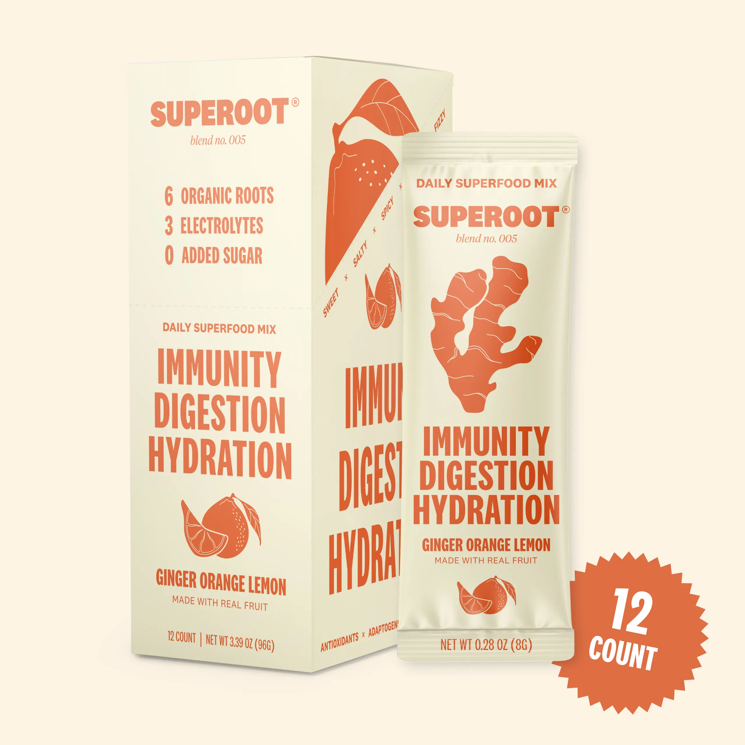 Superoot Immunity & Hydration Superfood Drink Mix - Vitamin C & Electrolytes - Ginger Orange Lemon Flavor | 12 count