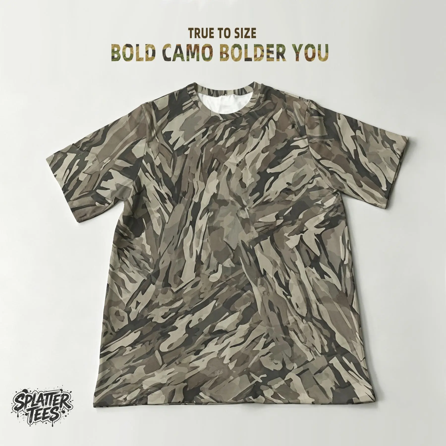 Crooked Twig & Fallen Leaves Camo Tee | Multitone Grey-Brown Urban Functional Camo Pattern with Diagonal Flow | Unisex Tactical Techwear, Moderate Stretch | 95% Polyester + 5% Spandex | S–3XL | Breathable, Anti-Wrinkle, Fast-Dry | City Blend of Classic Ca