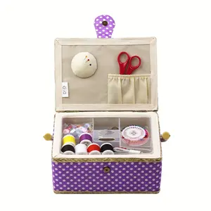 Medium Sewing Box With Kit Accessories Sewing Basket Organizer With Supplies DIY Sewing Kits For Adults, Purple Polka Dots